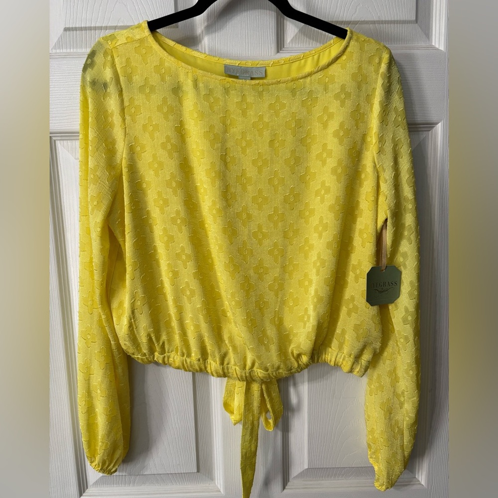 NWT Ryegrass Womens Long Sleeve Blouse Top Yellow Size Small Back Tie At Waist